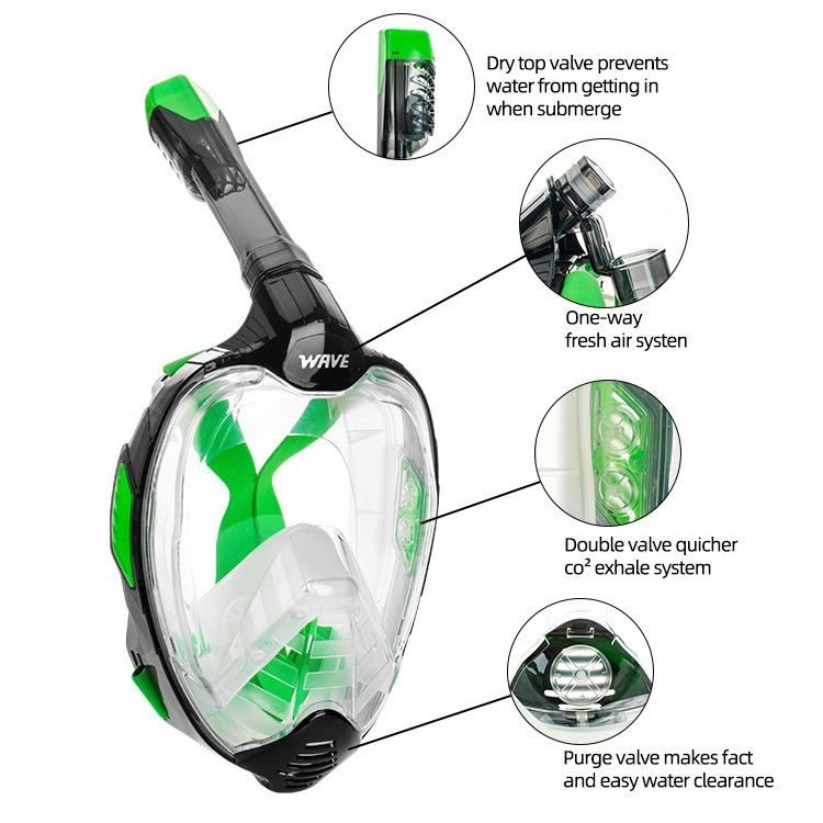 WAVE diving mask scuba diving Dry Snorkel Swim Mask with Underwater Camera Mount 180 Degree View Full Face Diving Mask