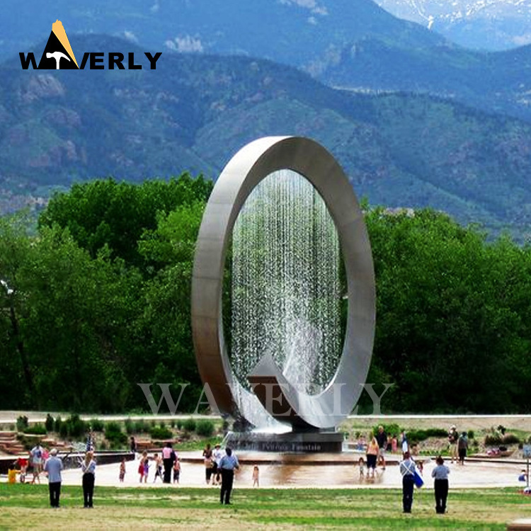 Modern Garden Decoration Large Abstract Metal Art Ring Circle Mirrored Stainless Steel Fountain Sculpture