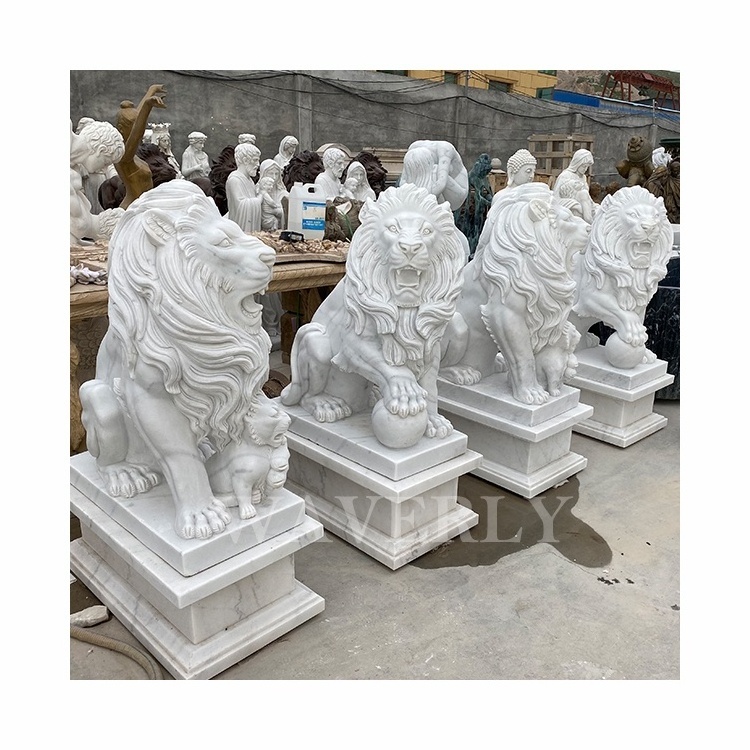 Life Size Animal Standing Entrance Marble Gate Lion Sculpture Statues Large Outdoor White Stone Carving Marble Lion Statue