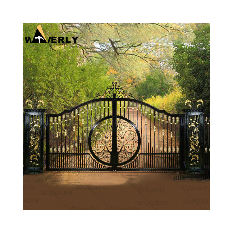 Custom Ornaments Modern Simple Designs Boundary Wall Exterior Swing Gate Double Door Wrought Iron Cast Iron Gate Design