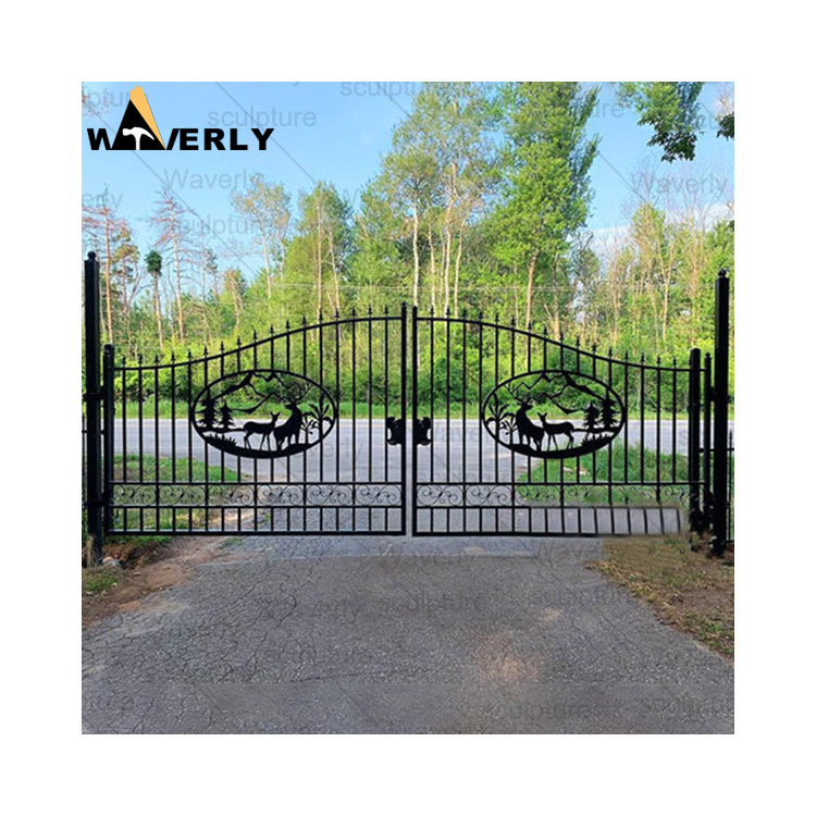 Custom Ornaments Modern Simple Designs Boundary Wall Exterior Swing Gate Double Door Wrought Iron Cast Iron Gate Design