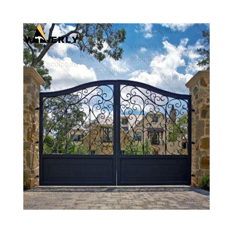 Custom Ornaments Modern Simple Designs Boundary Wall Exterior Swing Gate Double Door Wrought Iron Cast Iron Gate Design