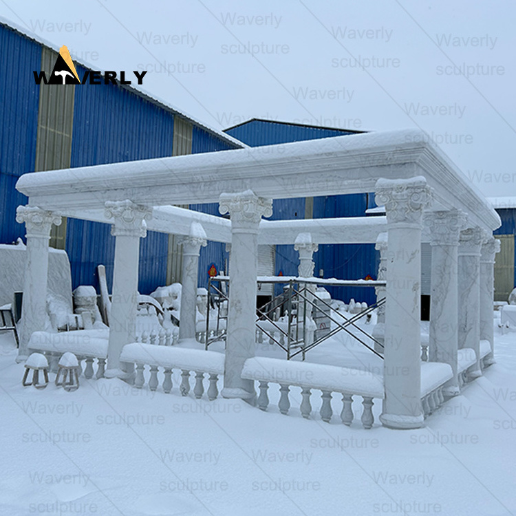 Modern Outdoor Large Garden Natural Marble Stone Chinese Gazebos Supplier Woman Statue Column Stone Pavilion Marble Gazebo