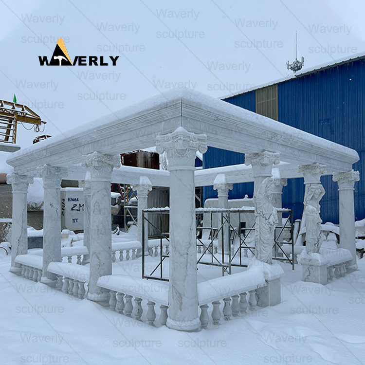 Modern Outdoor Large Garden Natural Marble Stone Chinese Gazebos Supplier Woman Statue Column Stone Pavilion Marble Gazebo