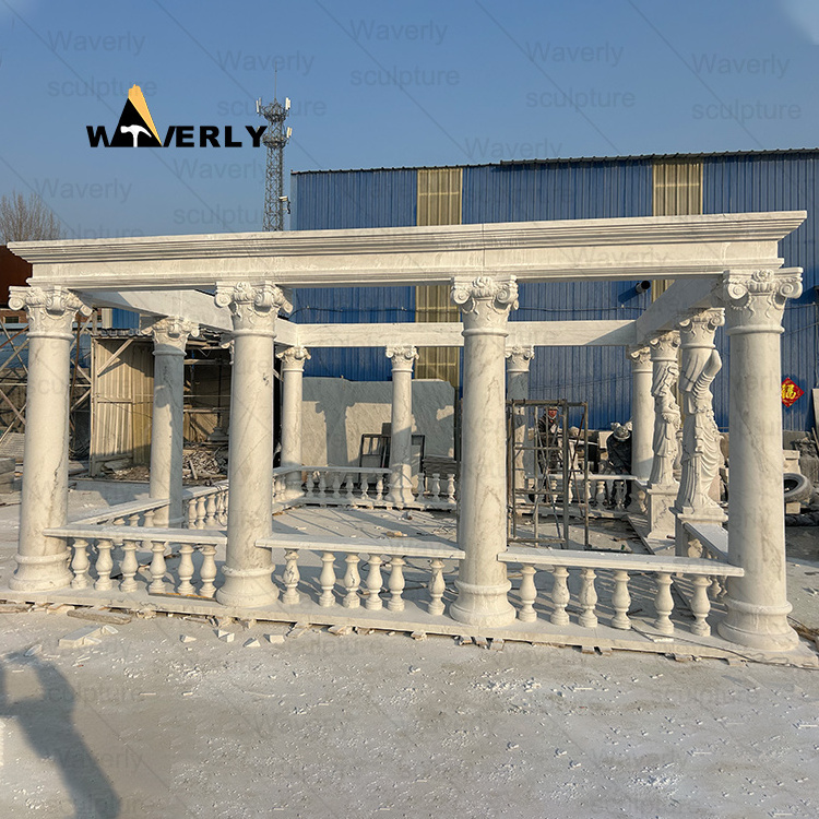 Modern Outdoor Large Garden Natural Marble Stone Chinese Gazebos Supplier Woman Statue Column Stone Pavilion Marble Gazebo