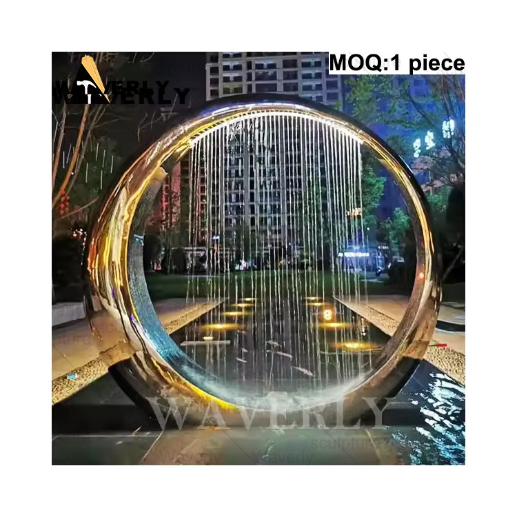 Modern Garden Decoration Large Abstract Metal Art Ring Circle Mirrored Stainless Steel Fountain Sculpture