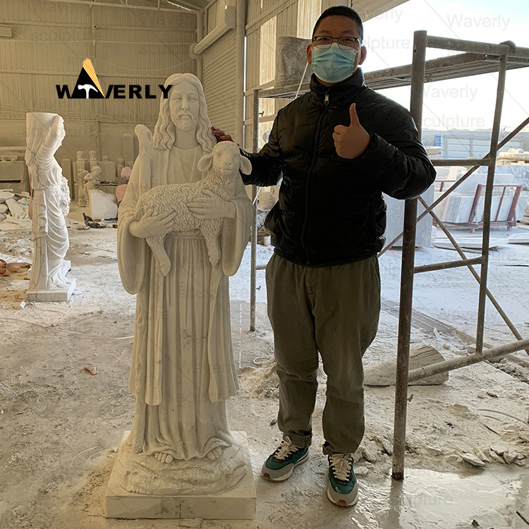 Stone Carvings And Sculptures Religious Jesus Christ And Sheep Sculpture Life Size White Marble Good Shepherd Jesus Statue