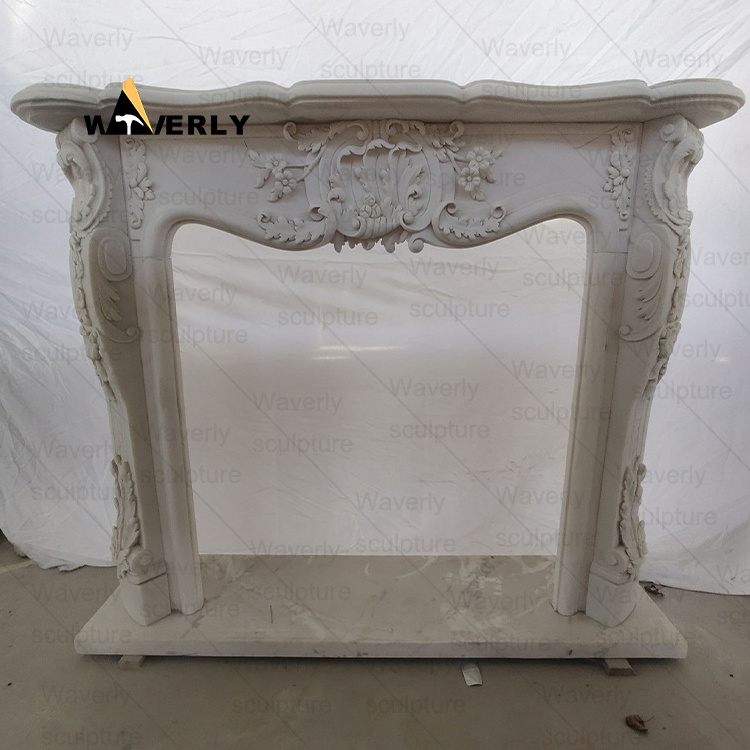 Outdoor And Indoor  European Style Hand Carved Flowers And Child Surround Arched White Marble Stone Fireplace Mantel