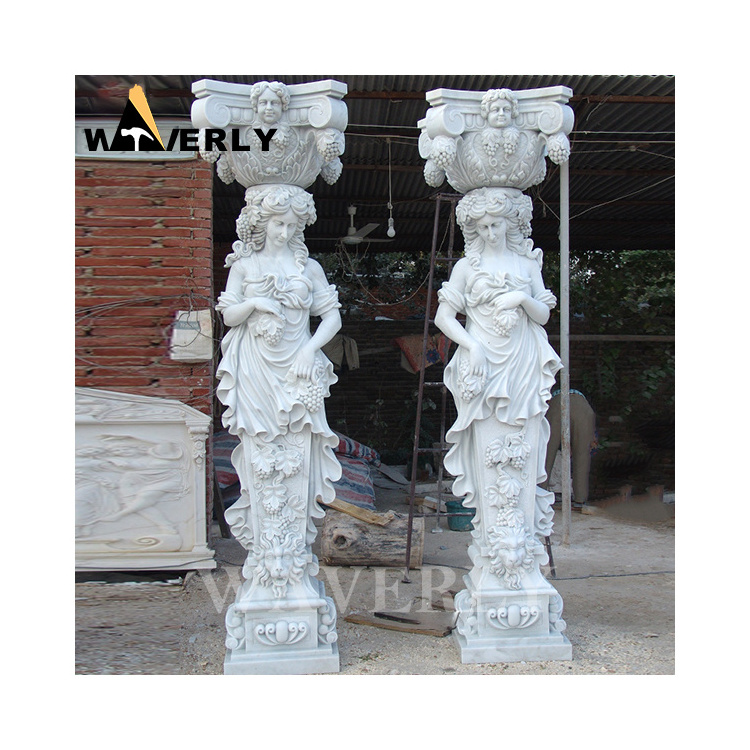 Custom Luxury Outdoor Decoration Stone Carving Roman Pillar Antique Granite Greek Marble Columns With Woman Lion Head Statues