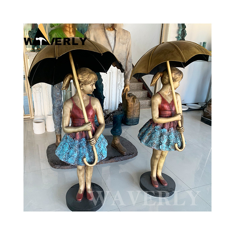 Wholesale Custom Modern Metal Art Casting Brass Life Size Bronze Kids Sculpture Girls With Umbrella Statue Water Fountain