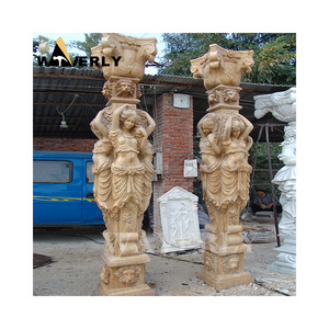 Custom Luxury Outdoor Decoration Stone Carving Roman Pillar Antique Granite Greek Marble Columns With Woman Lion Head Statues