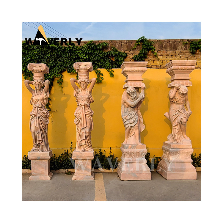 Custom Luxury Outdoor Decoration Stone Carving Roman Pillar Antique Granite Greek Marble Columns With Woman Lion Head Statues