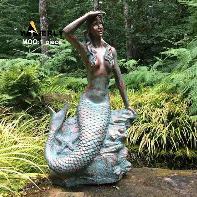 Life Size Art Metal Copper Luxury Sculpture Hand Cast Outdoor Garden Swimming Pool Brass Bronze Mermaid  Sculpture Statue