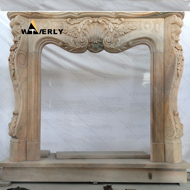 Outdoor And Indoor  European Style Hand Carved Flowers And Child Surround Arched White Marble Stone Fireplace Mantel