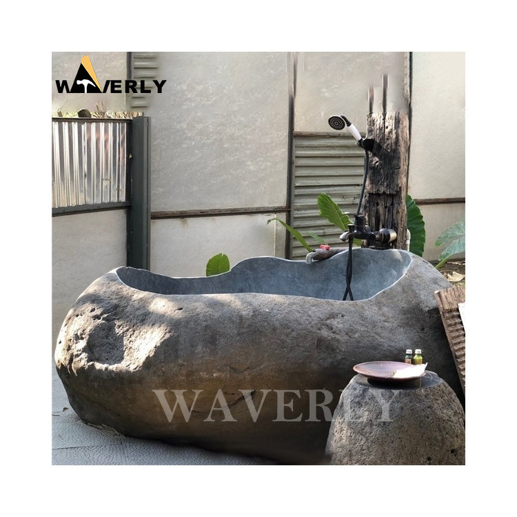 Outdoor Round Natural Stone Black Solid Marble Whirlpool Adult Bathtubs And Tubs Stand Alone Bali Terazzo River Stone Bathtub