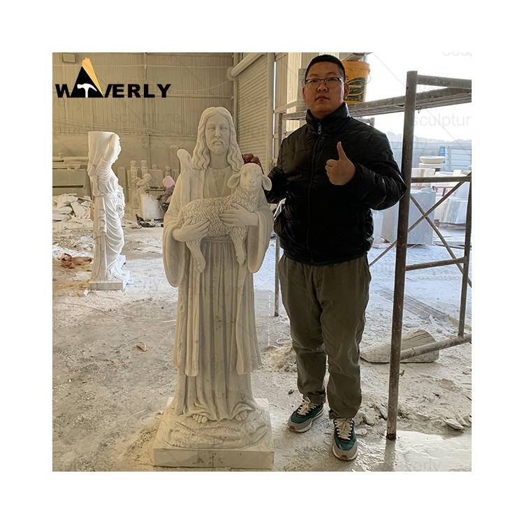 Stone Carvings And Sculptures Religious Jesus Christ And Sheep Sculpture Life Size White Marble Good Shepherd Jesus Statue