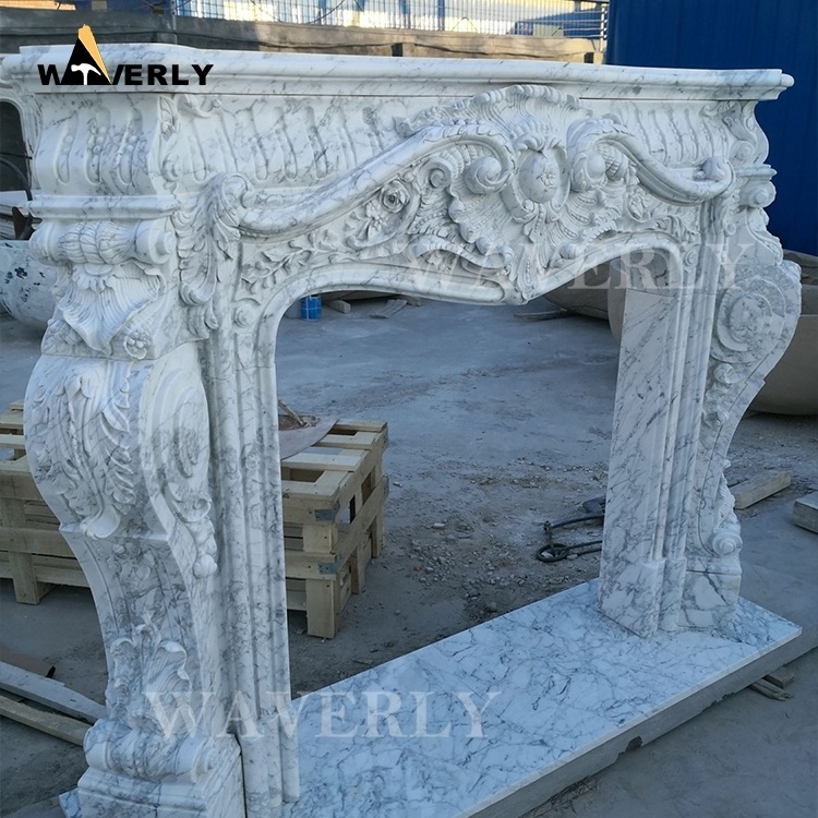 Decorative Antique Roman Fireplace French Carrara White Marble Floral Fireplace Mantle Surround