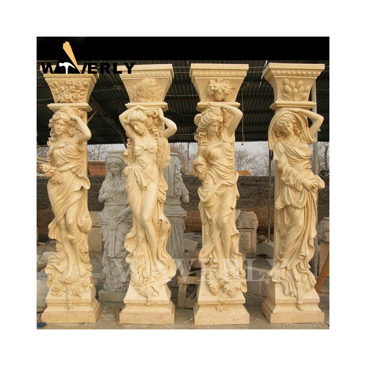 Custom Luxury Outdoor Decoration Stone Carving Roman Pillar Antique Granite Greek Marble Columns With Woman Lion Head Statues