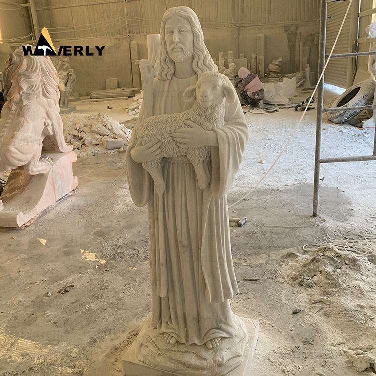 Stone Carvings And Sculptures Religious Jesus Christ And Sheep Sculpture Life Size White Marble Good Shepherd Jesus Statue