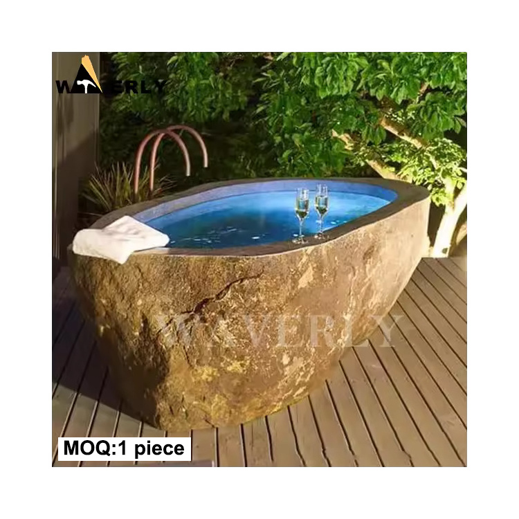 Outdoor Round Natural Stone Black Solid Marble Whirlpool Adult Bathtubs And Tubs Stand Alone Bali Terazzo River Stone Bathtub