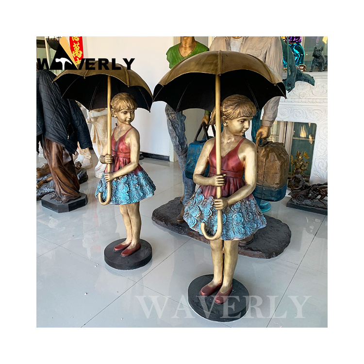 Wholesale Custom Modern Metal Art Casting Brass Life Size Bronze Kids Sculpture Girls With Umbrella Statue Water Fountain