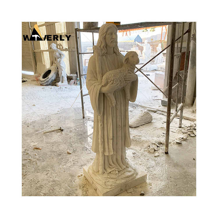 Stone Carvings And Sculptures Religious Jesus Christ And Sheep Sculpture Life Size White Marble Good Shepherd Jesus Statue