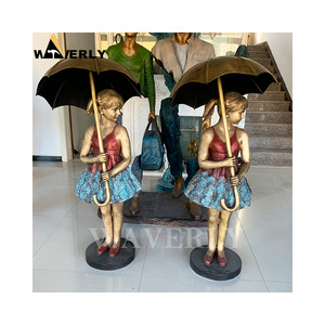 Wholesale Custom Modern Metal Art Casting Brass Life Size Bronze Kids Sculpture Girls With Umbrella Statue Water Fountain