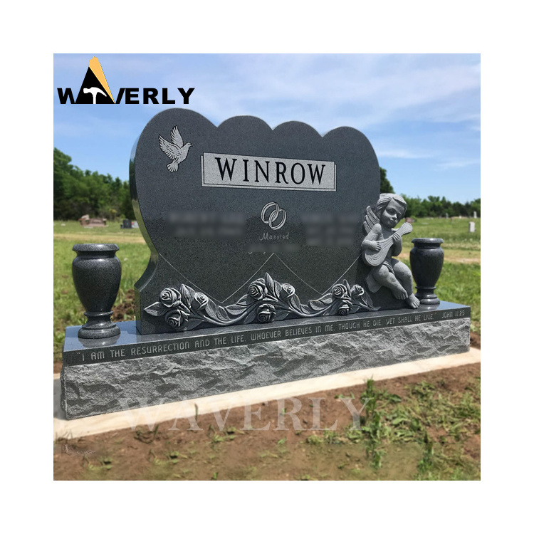 Wholesale Black Stone Granite Marble Double Heart Shaped Tombstone Monument Cheap Headstones For Sale