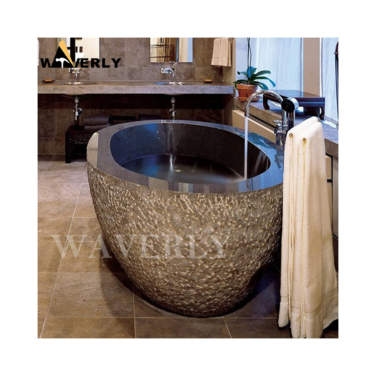 Outdoor Round Natural Stone Black Solid Marble Whirlpool Adult Bathtubs And Tubs Stand Alone Bali Terazzo River Stone Bathtub