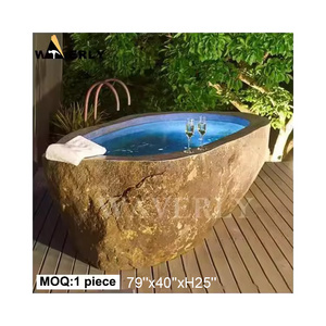 Outdoor Round Natural Stone Black Solid Marble Whirlpool Adult Bathtubs And Tubs Stand Alone Bali Terazzo River Stone Bathtub