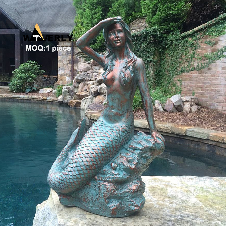 Life Size Art Metal Copper Luxury Sculpture Hand Cast Outdoor Garden Swimming Pool Brass Bronze Mermaid  Sculpture Statue