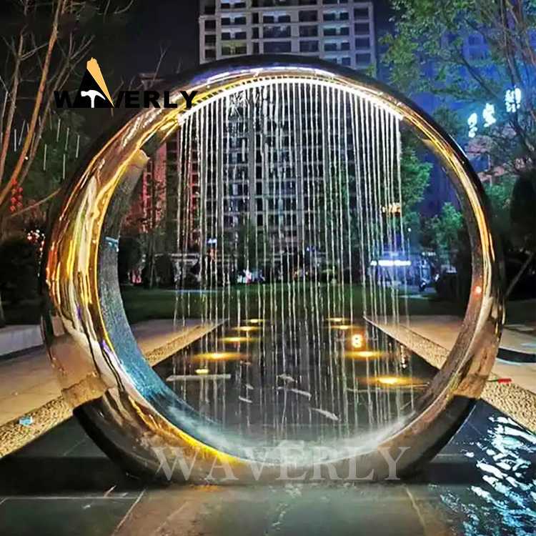 Modern Garden Decoration Large Abstract Metal Art Ring Circle Mirrored Stainless Steel Fountain Sculpture