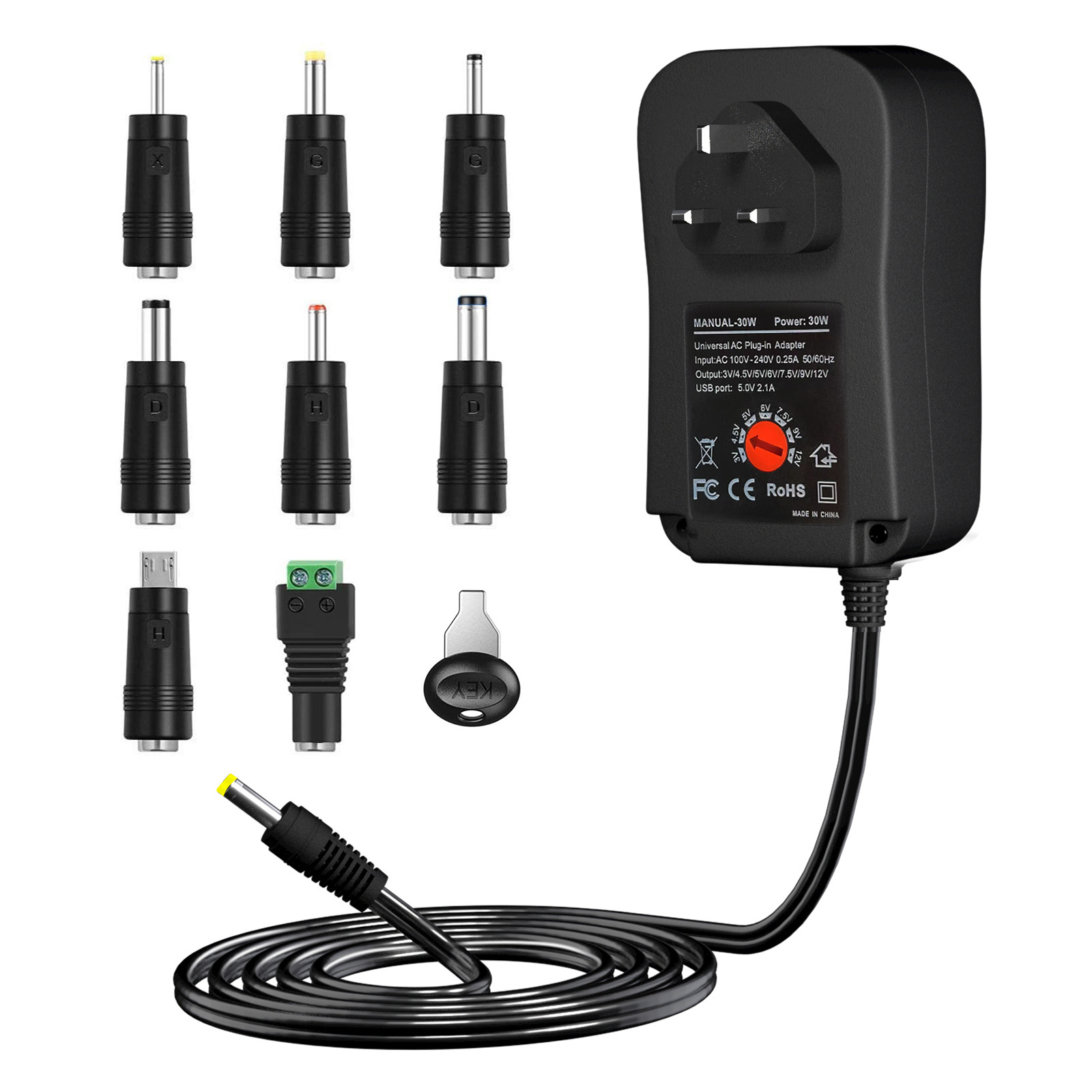 41W Wall Charger with 8 DC Connectors AC to DC 3V 4.5V 5V 6V 7.5V 12V Universal  Charger for Camera /Lamp / LED Light/TV