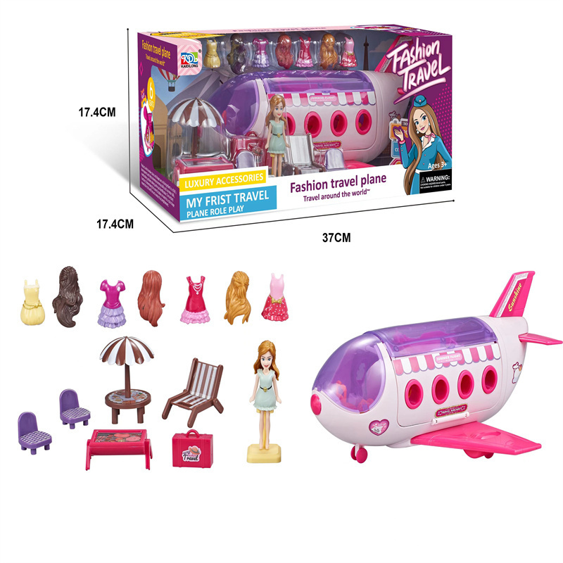 New Kids Toys With Airplane Helicopter Sports Car Bus Cruise Ship Vehicle Fashion With Music Lighting Girl Doll Toy Set