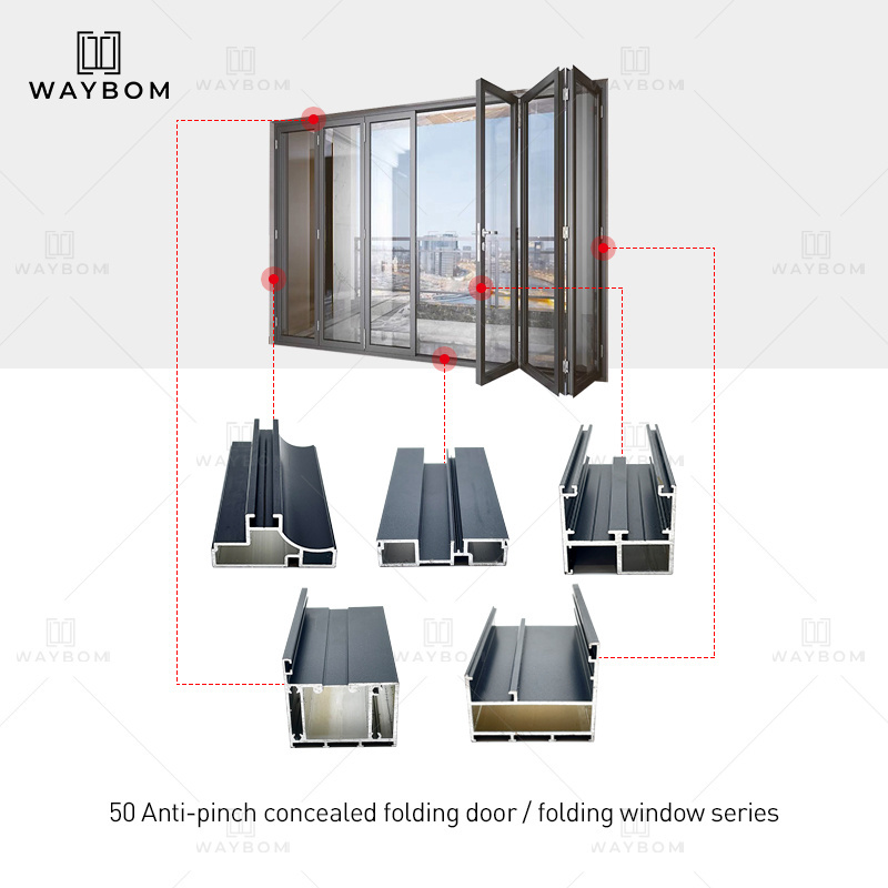 50 balcony aluminium sliding folding doors Profile bi fold aluminum profile bulletproof laminated glass bifold window frame