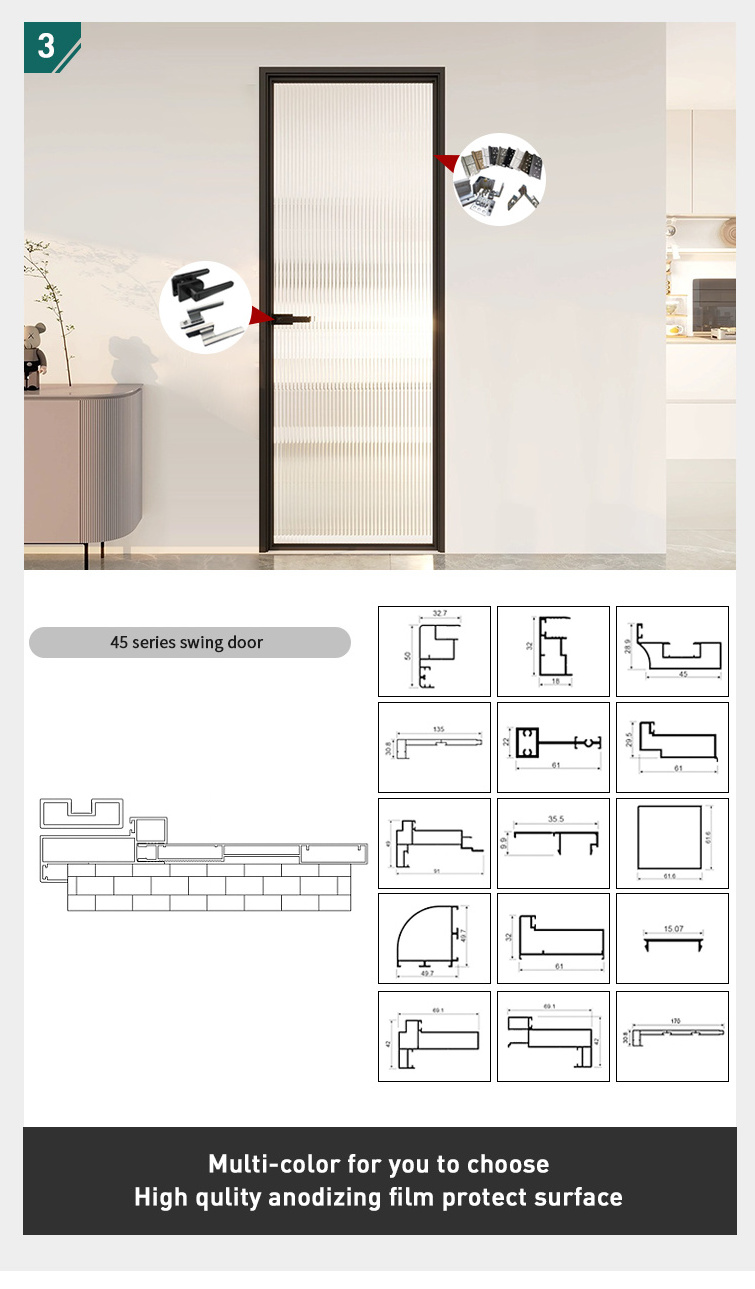 45 slim slide and swing door Profile vertical aluminum balcony swing door handle two way double swing door Aluminum frame