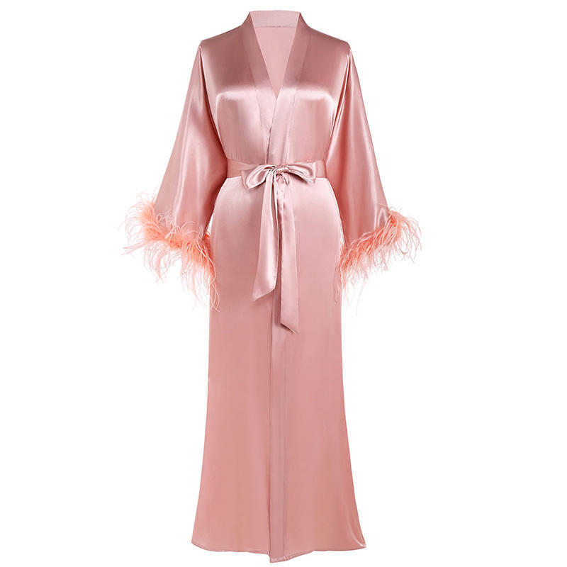 2022 Wholesale New Arrival Satin Kimono Robe Femme Long Bath Robe Women's Satin Silk Sleepwear Ostrich Feather Bridesmaid Robe