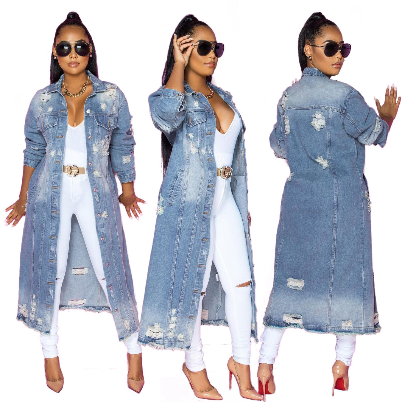 2022 Fall Fashion New Products Long Ripped Women's Jean Long Sleeve Cardigan Ripped Windbreaker for Ladies Jacket