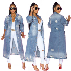 2022 Fall Fashion New Products Long Ripped Women's Jean Long Sleeve Cardigan Ripped Windbreaker for Ladies Jacket