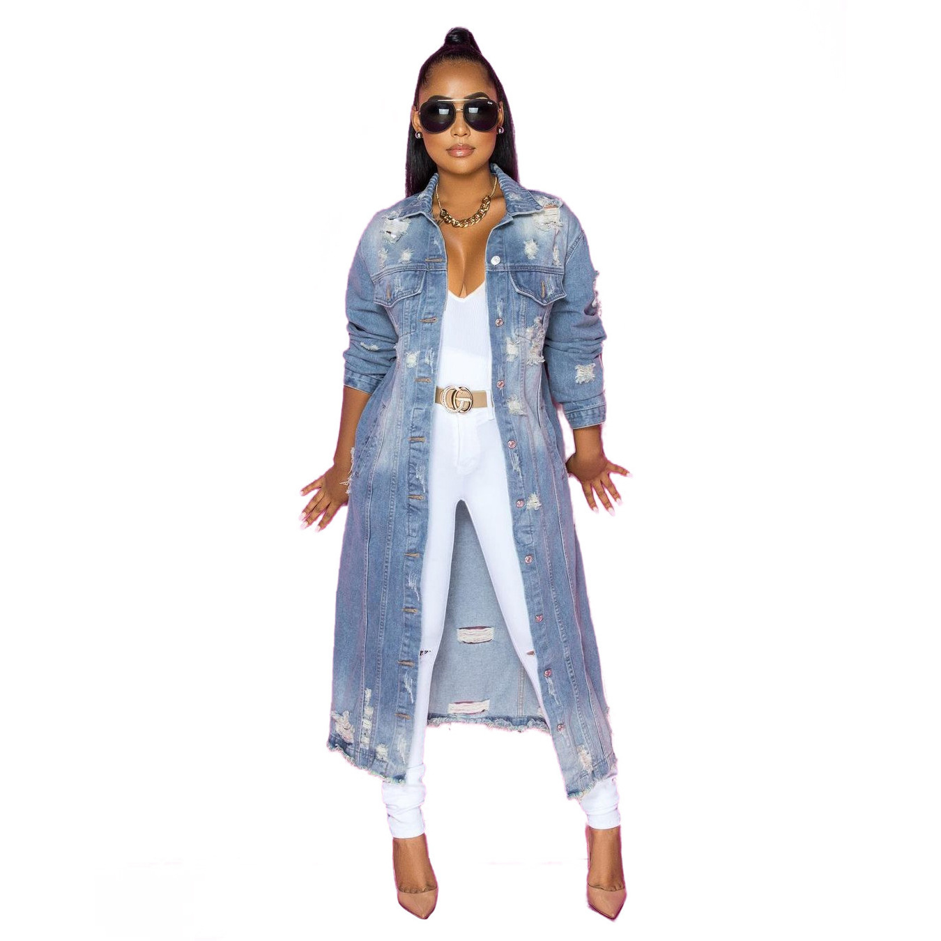 2022 Fall Fashion New Products Long Ripped Women's Jean Long Sleeve Cardigan Ripped Windbreaker for Ladies Jacket