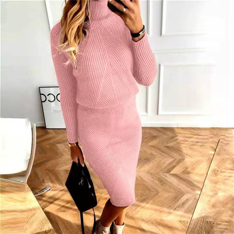 2023 Autumn Women's Knitting Costume Turtleneck Solid Color Pullover Sweater + Slim Skirt Two-Piece Set