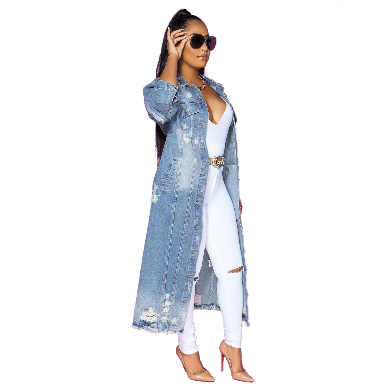 2022 Fall Fashion New Products Long Ripped Women's Jean Long Sleeve Cardigan Ripped Windbreaker for Ladies Jacket