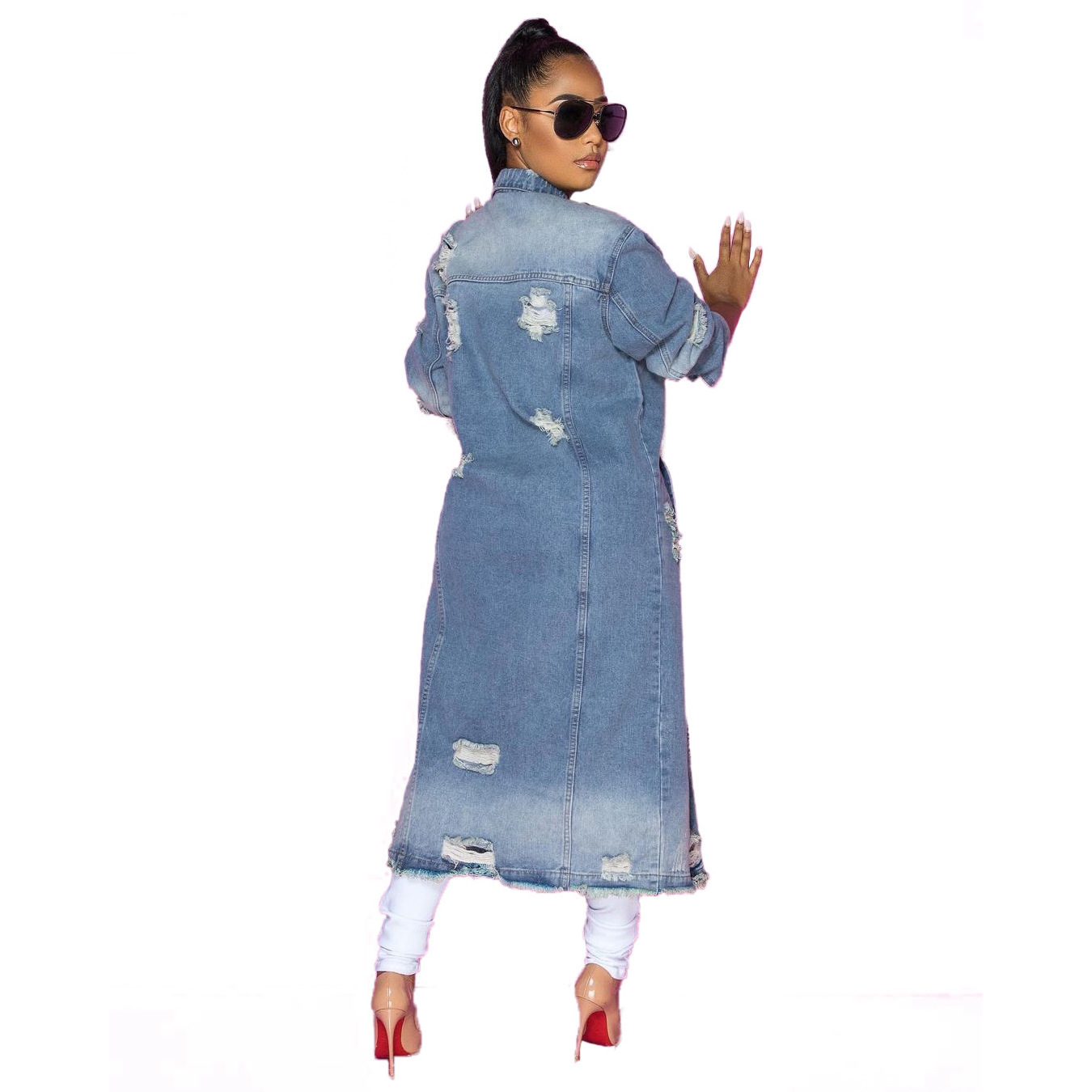 2022 Fall Fashion New Products Long Ripped Women's Jean Long Sleeve Cardigan Ripped Windbreaker for Ladies Jacket