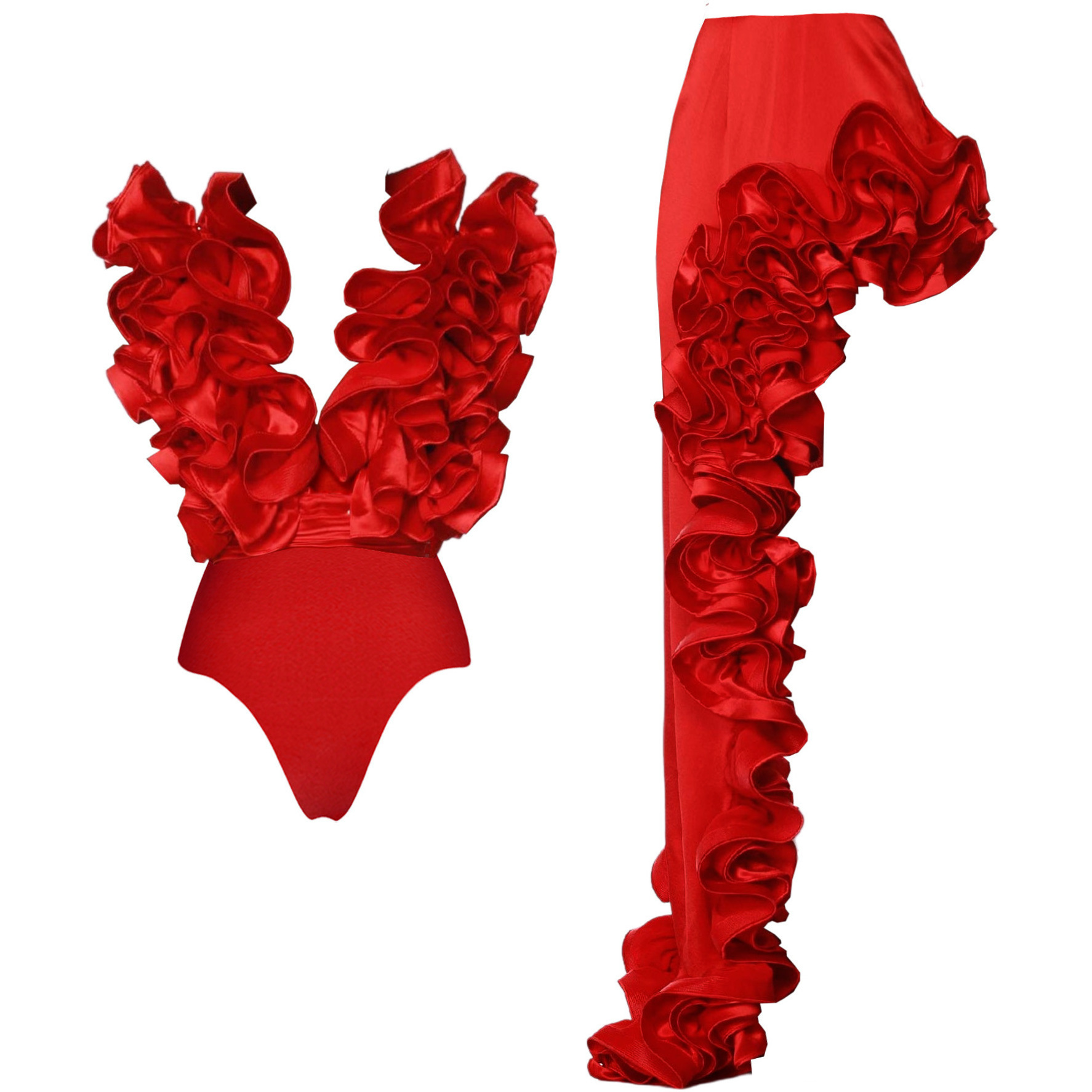 2024 Women's Swimsuit and Skirt Sexy Red 3D Flower One Piece Bikini Set Monokini Two Pieces Swimwear Beachwear Bathing Suit