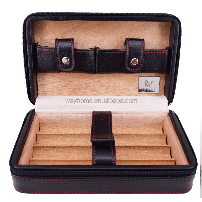 Travel Leather Cigar Case Humidor Cigar Holder w/ lighter and Cigar Cutter