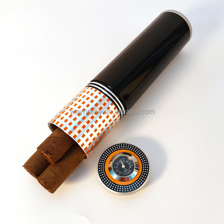 Tobacco Tube  Aluminium Leather Cigar Tube With Hygrometer Cigar Holder Tube Jar Hold 3-5 Cigars CU-033B