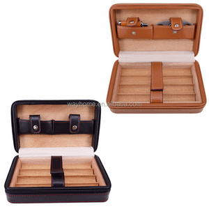 Travel Leather Cigar Case Humidor Cigar Holder w/ lighter and Cigar Cutter