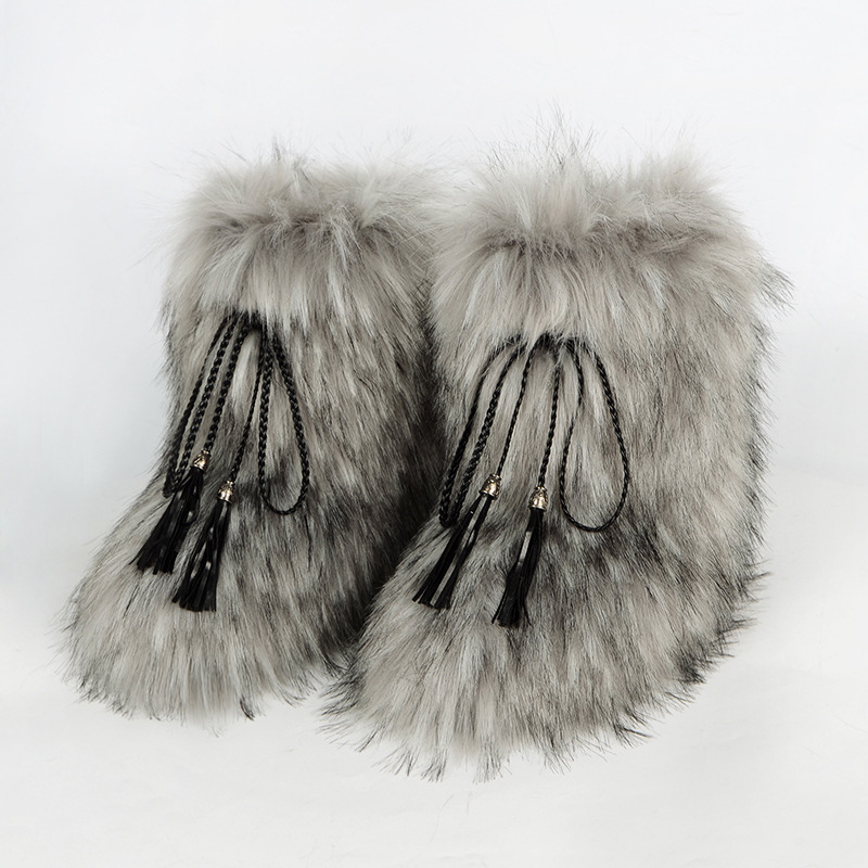 ladies Plus big size 46 Fashion trendy Slip on Warm snow with tassel winter plush fuzzy faux fox fur boots for women