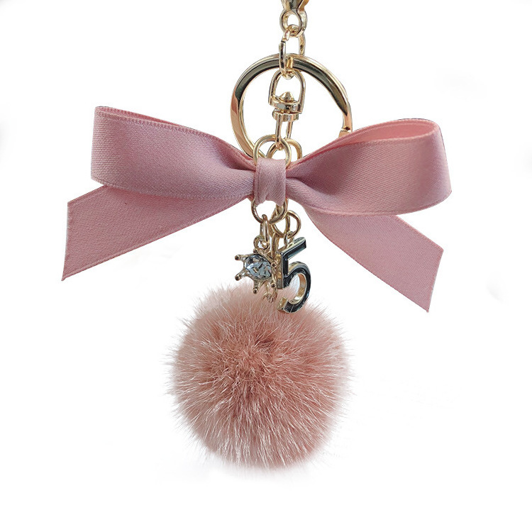 Crystal number Key Rings fuzzy mink Fur Poms Keychains Handbag fluffy ball Charm Jewelry gift keychain Key Holder Accessories