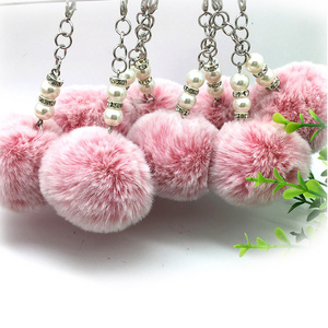 Fluffy Fur Ball Keychains Ponpom Puff keyring With pearl girls plush Fluff Furball key car bag accessory Poms Puffballs Keychain